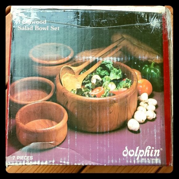 Vintage Teakwood 7 piece salad bowl set, New without box Dolphin brand - Picture 7 of 8